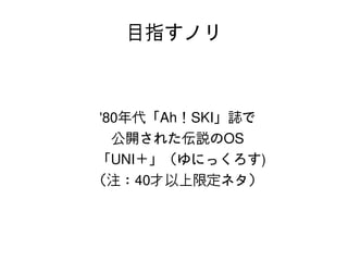 目指すノリ



    '80年代「Ah！SKI」誌で
      公開された伝説のOS
    「UNI＋」（ゆにっくろす)
    （注：40才以上限定ネタ）



           
 