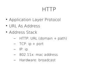 HTTP

    Application Layer Protocol

    URL As Address

    Address Stack
      –   HTTP: URL (domain + path)
      –   TCP: ip + port
      –   IP: ip
      –   802.11x: mac address
      –   Hardware: broadcast
 