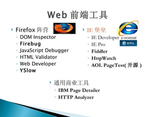Web 前端工具
   Firefox 阵营                       IE 堡垒
    ◦   DOM Inspector                 ◦   IE Developer Toolbar
    ◦   Firebug                       ◦   IE Pro
    ◦   JavaScript Debugger           ◦   Fiddler
    ◦   HTML Validator                ◦   HttpWatch
    ◦   Web Developer                 ◦   AOL PageTest( 开源 )
    ◦   YSlow

                      通用商业工具
                       ◦ IBM Page Detailer
                       ◦ HTTP Analyzer
 