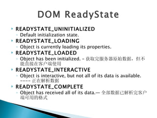 DOM ReadyState
   READYSTATE_UNINITIALIZED
    ◦ Default initialization state.
   READYSTATE_LOADING
    ◦ Object is currently loading its properties.
   READYSTATE_LOADED
    ◦ Object has been initialized. – 获取完服务器原始数据，但不
      能直接在客户端使用
   READYSTATE_INTERACTIVE
    ◦ Object is interactive, but not all of its data is available.
      ---- 正在解析数据
   READYSTATE_COMPLETE
    ◦ Object has received all of its data.— 全部数据已解析完客户
      端可用的格式
 