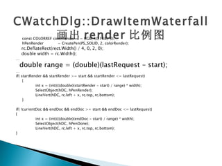 CWatchDlg::DrawItemWaterfall
      画出 render 比例图
    const COLORREF colorRender = RGB( 40,188, 0);
    hPenRender       = CreatePen(PS_SOLID, 2, colorRender);
    rc.DeflateRect(rect.Width() / 4, 0, 2, 0);
    double width = rc.Width();
…
  double range = (double)(lastRequest - start);
…
if( startRender && startRender >= start && startRender <= lastRequest)
     {
            int x = (int)(((double)(startRender - start) / range) * width);
            SelectObject(hDC, hPenRender);
            LineVert(hDC, rc.left + x, rc.top, rc.bottom);
     }

if( !currentDoc && endDoc && endDoc >= start && endDoc <= lastRequest)
{
            int x = (int)(((double)(endDoc - start) / range) * width);
            SelectObject(hDC, hPenDone);
            LineVert(hDC, rc.left + x, rc.top, rc.bottom);
}
 