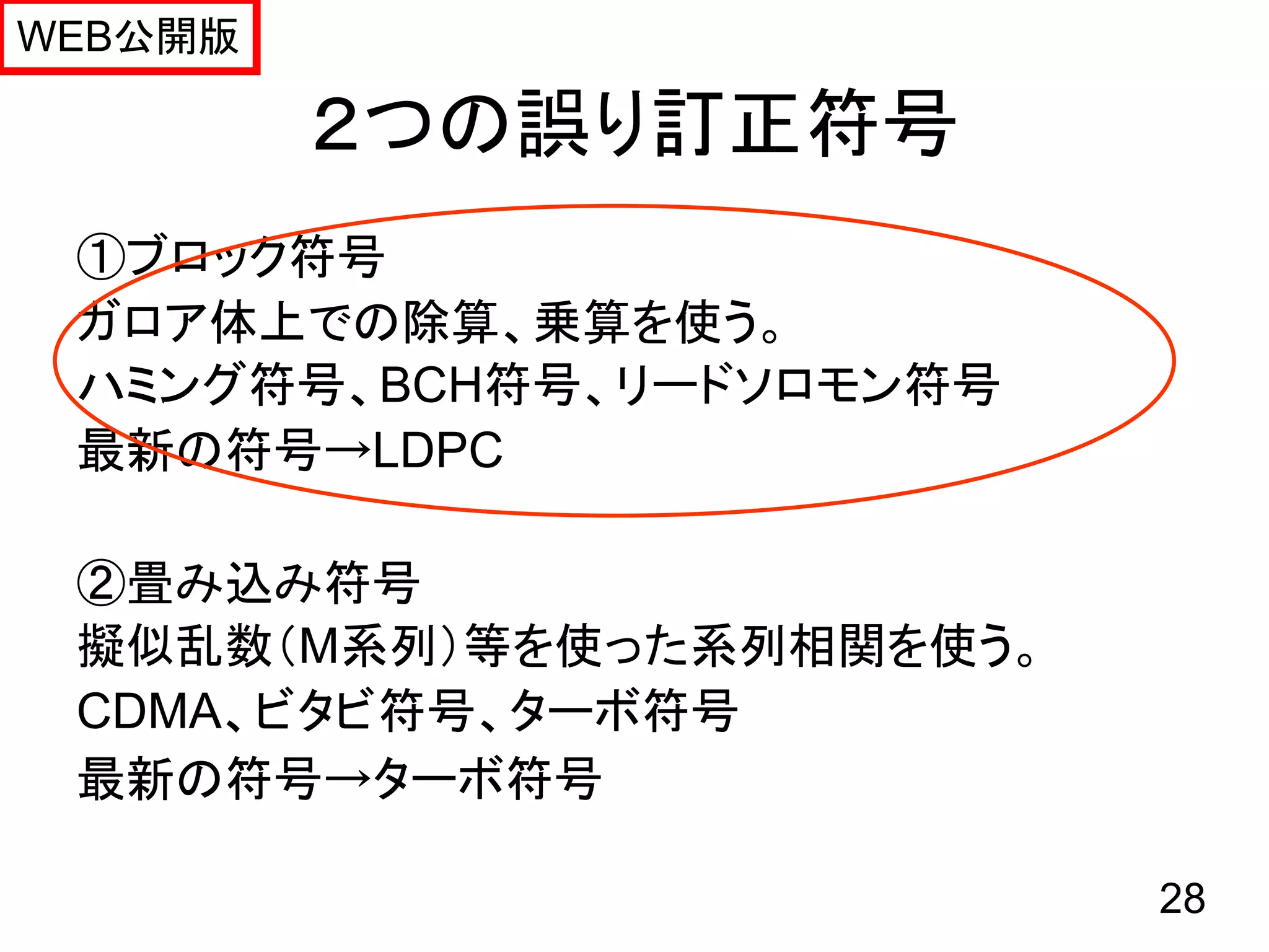 WEB公開版

         ２つの誤り訂正符号
 ①ブロック符号
 ガロア体上での除算、乗算を使う。
 ハミング符号、BCH符号、リードソロモン符号
 最新の符号→LDPC

 ②畳み込み符号
 擬似乱数（M系列）等を使った系列相関を使う。
 CDMA、ビタビ符号、ターボ符号
 最新の符号→ターボ符号

                          28
 