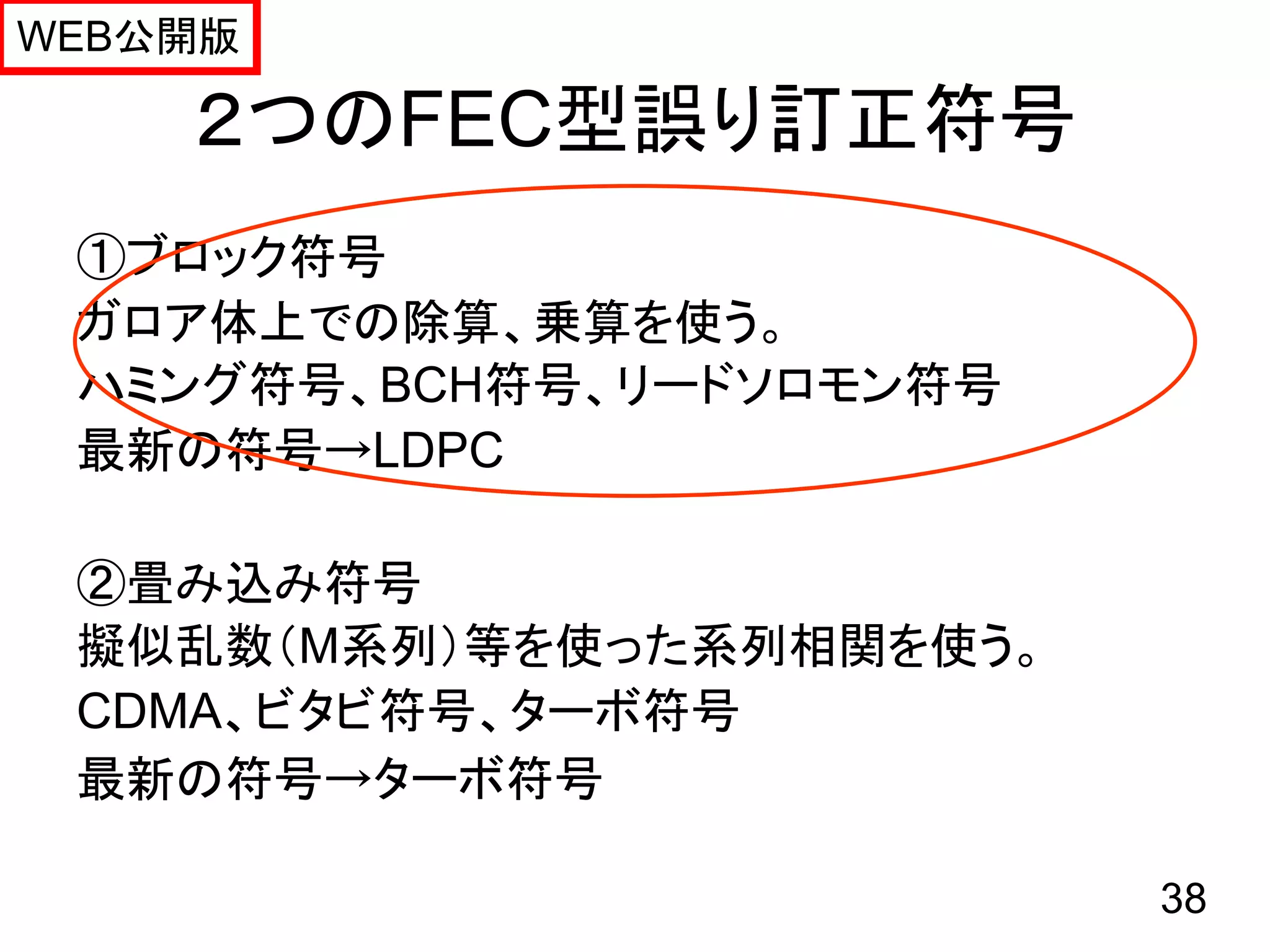 WEB公開版

    ２つのFEC型誤り訂正符号
 ①ブロック符号
 ガロア体上での除算、乗算を使う。
 ハミング符号、BCH符号、リードソロモン符号
 最新の符号→LDPC

 ②畳み込み符号
 擬似乱数（M系列）等を使った系列相関を使う。
 CDMA、ビタビ符号、ターボ符号
 最新の符号→ターボ符号

                          38
 