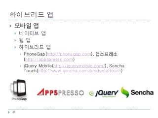 하이브리드 앱
    모바일 앱
        네이티브 앱
        웹앱
        하이브리드 앱
            PhoneGap(http://phonegap.com), 앱스프레소
             (http://appspresso.com)
            jQuery Mobile(http://jquerymobile.com/), Sencha
             Touch(http://www.sencha.com/products/touch)




    41
 