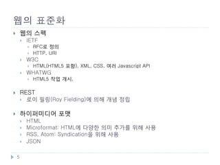 웹을 지탱하는 기술
       주요 기술
           HTTP: Hyper Text Transfer Protocol
           URI: Uniform Resource Identifier
           HTML: Hyper Text Markup Language
                                애플리케이션 컨트롤


                                     HTTP
    HTTP는 URI 조작대상을 지정                               HTML은 HTTP로 통신




                     URI                              HTML

                   리소스 식별자      HTML의 링크는 URI를 이용   하이퍼미디어 포맷

            •   하이퍼 미디어
            •   분산 시스템

    5
 