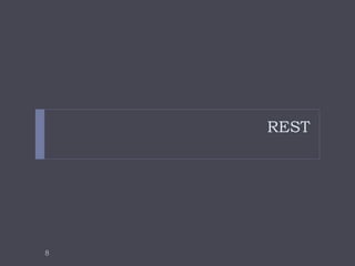REST
       REST(Representational State Transfer)
           웹이 왜 이렇게 성공했는지, 어떻게 대규모의 시스템이 만
            들어졌는지 소프트웨어 아키텍처의 관점에서 분석하고 하
            나의 아키텍쳐 스타일로 정리 - 2000년 Roy Fielding
           Architectural Styles and the Design of Network-based
            Software Architectures, http://j.mp/REST_roy
           HTTP 는 하이퍼텍스트를 전송하기 위한 프로토콜이지만,
            실제로는 하이퍼텍스트 이외의 다양한 것을 전송하고 있
            으며, 그것은 리소스 상태 ( Resource State ) 의 표현
            ( Presentation )




    8
 
