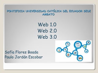 PONTIFICIA UNIVERSIDAD CATÓLICA DEL ECUADOR SEDE
                     AMBATO



                  Web 1.0
                  Web 2.0
                  Web 3.0


Sofía Flores Boada
Paulo Jordán Escobar
 