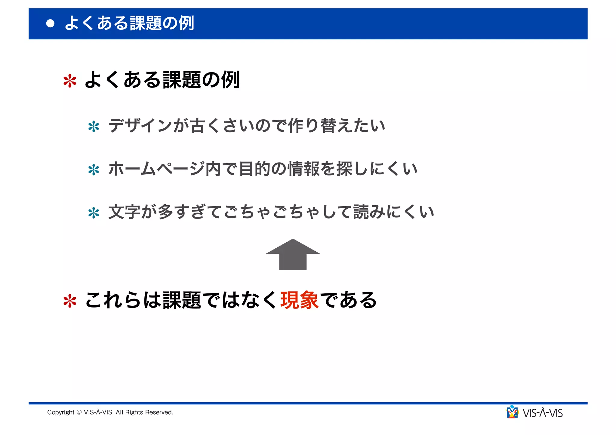 よくある課題の例


 よくある課題の例

  デザインが古くさいので作り替えたい

  ホームページ内で目的の情報を探しにくい

  文字が多すぎてごちゃごちゃして読みにくい




 これらは課題ではなく現象である
 