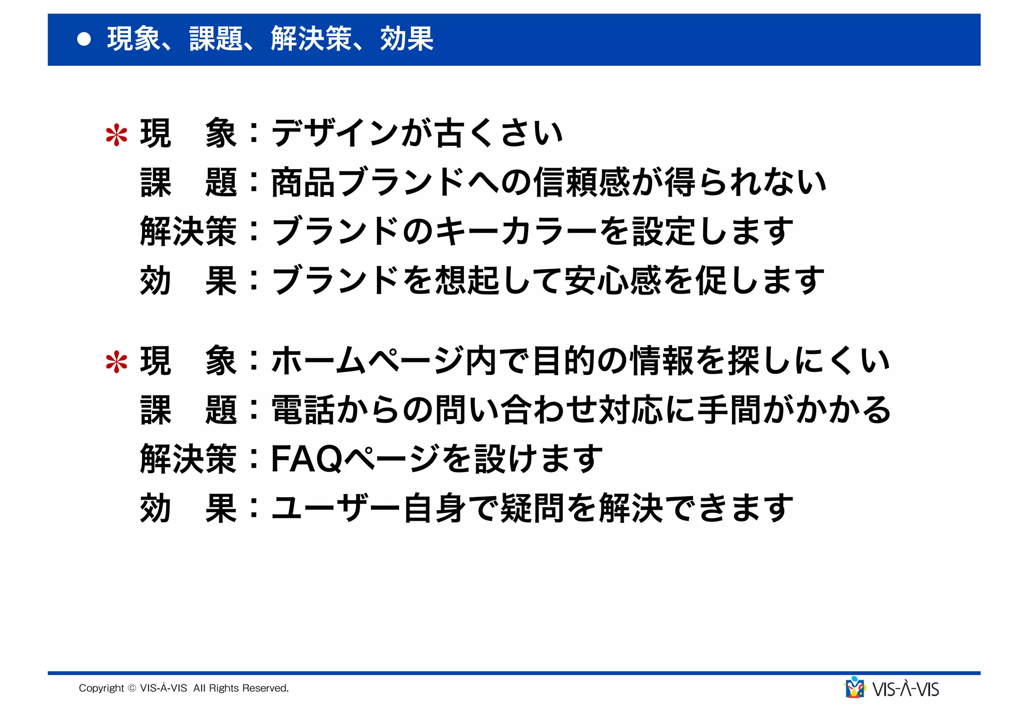 現象、課題、解決策、効果


 現 象：デザインが古くさい
 課 題：商品ブランドへの信頼感が得られない
 解決策：ブランドのキーカラーを設定します
 効 果：ブランドを想起して安心感を促します

 現 象：ホームページ内で目的の情報を探しにくい
 課 題：電話からの問い合わせ対応に手間がかかる
 解決策：FAQページを設けます
 効 果：ユーザー自身で疑問を解決できます
 