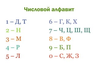 Числовой алфавит

1 – Д, Т      6 – Г, К, Х
2–Н           7 – Ч, Ц, Ш, Щ
3–М           8 – В, Ф
4–Р           9 – Б, П
5–Л           0 – С, Ж, З
 
