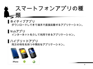 スマートフォンアプリの種
  類
▌ネイティブアプリ
 ダウンロードしてきて端末で直接起動するアプリケーション。

▌Webアプリ
 インターネットを介して利用できるアプリケーション。

▌ハイブリッドアプリ
 両方の特性を持つ中間的なアプリケーション。




                                4
 
