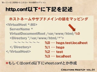 知っていると便利かもしれない Web制作のアレコレ



  http.conf以下*に下記を記述
   ホストネームやサブドメインの値をマッピング
  <VirtualHost *:80>
    ServerName *
    VirtualDocumentRoot /var/www/html/%0
    <Directory "/var/www/html/*">
       ～～～～～～～ %0 … hoge.test.localhost
    </Directory>       %1 … hoge
  </VirtualHost>       %2 … test
                       %3 … localhost
  *もしくはconf.d以下にvhost.confとか作成
                            Creators MeetUp vol.01
 