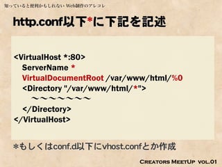 知っていると便利かもしれない Web制作のアレコレ



  http.conf以下*に下記を記述

  <VirtualHost *:80>
    ServerName *
    VirtualDocumentRoot /var/www/html/%0
    <Directory "/var/www/html/*">
       ～～～～～～～
    </Directory>
  </VirtualHost>


  *もしくはconf.d以下にvhost.confとか作成
                              Creators MeetUp vol.01
 