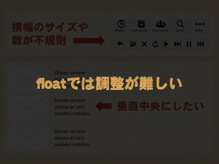 横幅のサイズや
数が不規則

   Donec ornare
   massa ac orci
  floatでは調整が難しい
   sodales sodales.

   Donec ornare
   massa ac orci
   sodales sodales.
                      垂直中央にしたい

   Donec ornare
   massa ac orci
   sodales sodales.
 