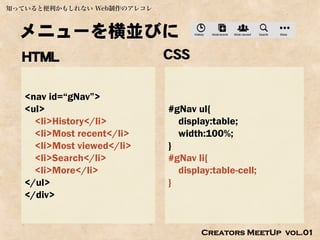 知っていると便利かもしれない Web制作のアレコレ



  メニューを横並びに
  HTML                      CSS

   <nav id=“gNav”>
   <ul>                     #gNav ul{
     <li>History</li>         display:table;
     <li>Most recent</li>     width:100%;
     <li>Most viewed</li>   }
     <li>Search</li>        #gNav li{
     <li>More</li>            display:table-cell;
   </ul>                    }
   </div>


                                   Creators MeetUp vol.01
 