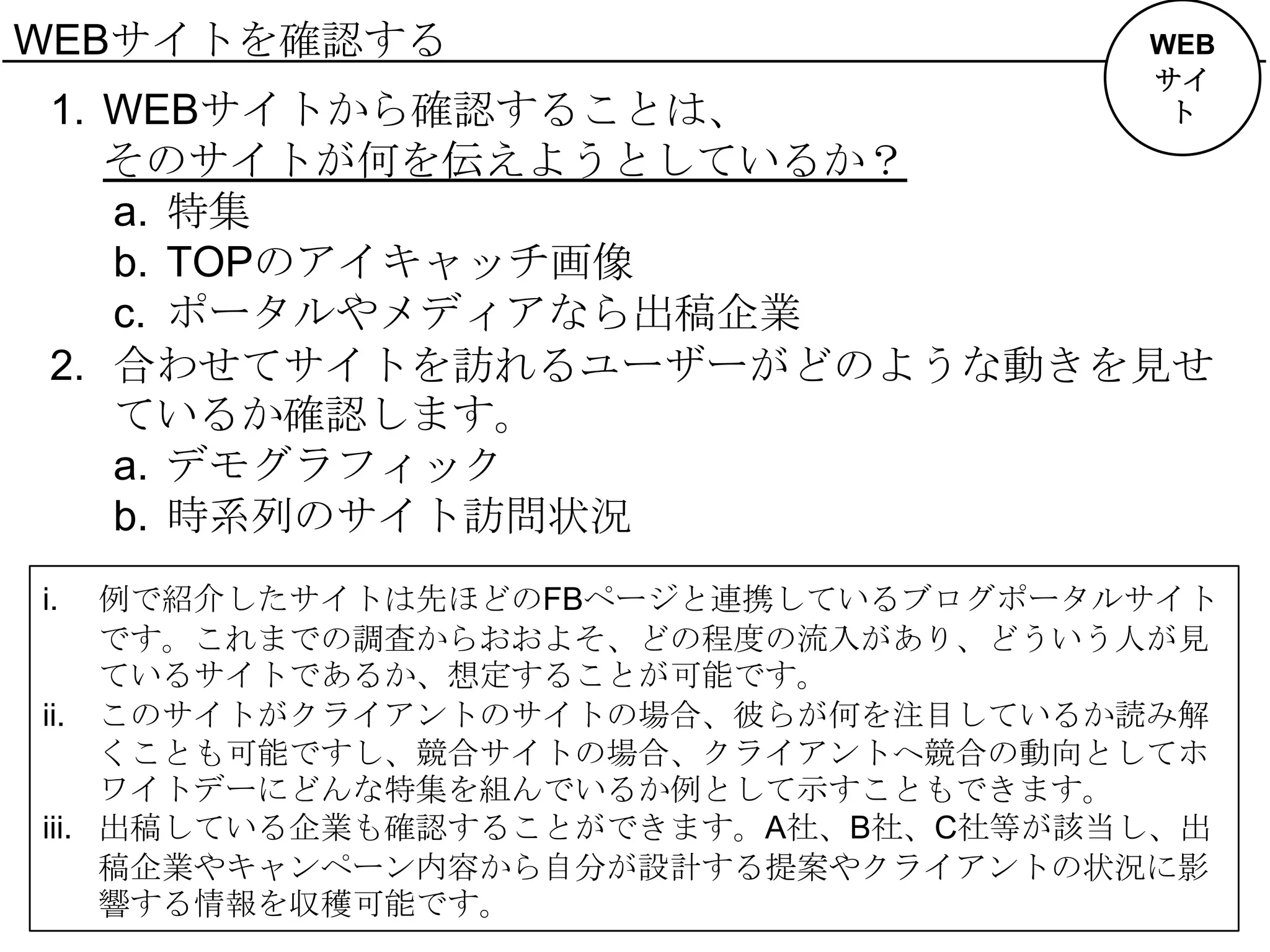 WEBサイトを確認する                           WEB
                                      サイ
1. WEBサイトから確認することは、                    ト
   そのサイトが何を伝えようとしているか？
   a. 特集
   b. TOPのアイキャッチ画像
   c. ポータルやメディアなら出稿企業
2. 合わせてサイトを訪れるユーザーがどのような動きを見せ
   ているか確認します。
   a. デモグラフィック
   b. 時系列のサイト訪問状況
i.   例で紹介したサイトは先ほどのFBページと連携しているブログポータルサイト
     です。これまでの調査からおおよそ、どの程度の流入があり、どういう人が見
     ているサイトであるか、想定することが可能です。
ii. このサイトがクライアントのサイトの場合、彼らが何を注目しているか読み解
     くことも可能ですし、競合サイトの場合、クライアントへ競合の動向としてホ
     ワイトデーにどんな特集を組んでいるか例として示すこともできます。
iii. 出稿している企業も確認することができます。A社、B社、C社等が該当し、出
     稿企業やキャンペーン内容から自分が設計する提案やクライアントの状況に影
     響する情報を収穫可能です。
 