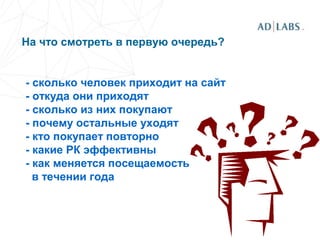 На что смотреть в первую очередь?
- сколько человек приходит на сайт
- откуда они приходят
- сколько из них покупают
- почему остальные уходят
- кто покупает повторно
- какие РК эффективны
- как меняется посещаемость
в течении года
 