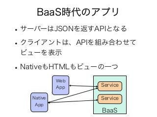 BaaS時代のアプリ
•サーバーはJSONを返すAPIとなる
•クライアントは、APIを組み合わせて
ビューを表示
•NativeもHTMLもビューの一つ
BaaS
Native
App
Web
App Service
Service
 