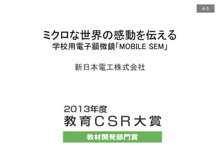 4-5
新日本電工株式会社
ミクロな世界の感動を伝える
学校用電子顕微鏡「MOBILE SEM」
 