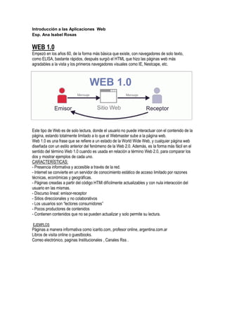 Introducción a las Aplicaciones Web
Esp. Ana Isabel Rosas
WEB 1.0
Empezó en los años 60, de la forma más básica que existe, con navegadores de solo texto,
como ELISA, bastante rápidos, después surgió el HTML que hizo las páginas web más
agradables a la vista y los primeros navegadores visuales como IE, Nestcape, etc.
Este tipo de Web es de solo lectura, donde el usuario no puede interactuar con el contenido de la
página, estando totalmente limitado a lo que el Webmaster sube a la página web.
Web 1.0 es una frase que se refiere a un estado de la World Wide Web, y cualquier página web
diseñada con un estilo anterior del fenómeno de la Web 2.0. Además, es la forma más fácil en el
sentido del término Web 1.0 cuando es usada en relación a término Web 2.0, para comparar los
dos y mostrar ejemplos de cada uno.
CARACTERÍSTICAS:
- Presencia informativa y accesible a través de la red.
- Internet se convierte en un servidor de conocimiento estático de acceso limitado por razones
técnicas, económicas y geográficas.
- Páginas creadas a partir del código HTMl difícilmente actualizables y con nula interacción del
usuario en las mismas.
- Discurso lineal: emisor-receptor
- Sitios direccionales y no colaborativos
- Los usuarios son “lectores consumidores”
- Pocos productores de contenidos
- Contienen contenidos que no se pueden actualizar y solo permite su lectura.
EJEMPLOS
Páginas a manera informativa como icarito.com, profesor online, argentina.com.ar
Libros de visita online o guestbooks.
Correo electrónico, paginas Institucionales , Canales Rss .
 