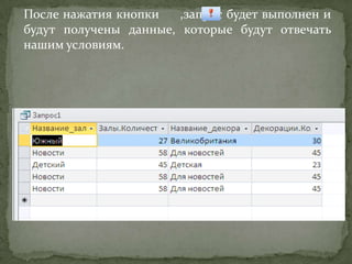 После нажатия кнопки
,запрос будет выполнен и
будут получены данные, которые будут отвечать
нашим условиям.

 