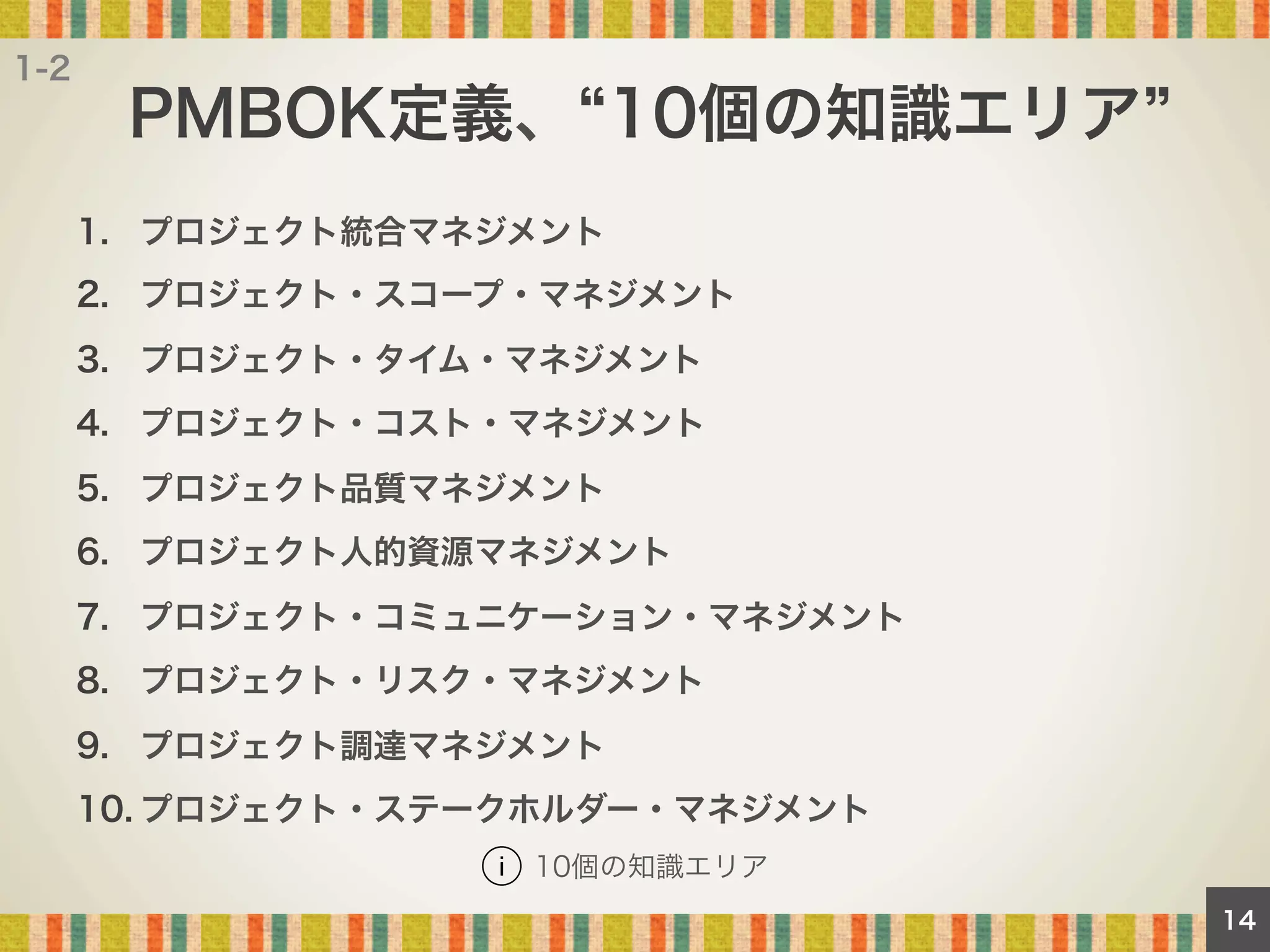 1-2

PMBOK定義、 10個の知識エリア
1.  プロジェクト統合マネジメント
2.  プロジェクト・スコープ・マネジメント
3.  プロジェクト・タイム・マネジメント
4.  プロジェクト・コスト・マネジメント
5.  プロジェクト品質マネジメント
6.  プロジェクト人的資源マネジメント
7.  プロジェクト・コミュニケーション・マネジメント
8.  プロジェクト・リスク・マネジメント
9.  プロジェクト調達マネジメント
10. プロジェクト・ステークホルダー・マネジメント
10個の知識エリア
14

 