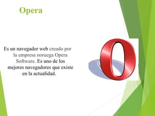 Opera

Es un navegador web creado por
la empresa noruega Opera
Software. Es uno de los
mejores navegadores que existe
en la actualidad.

 