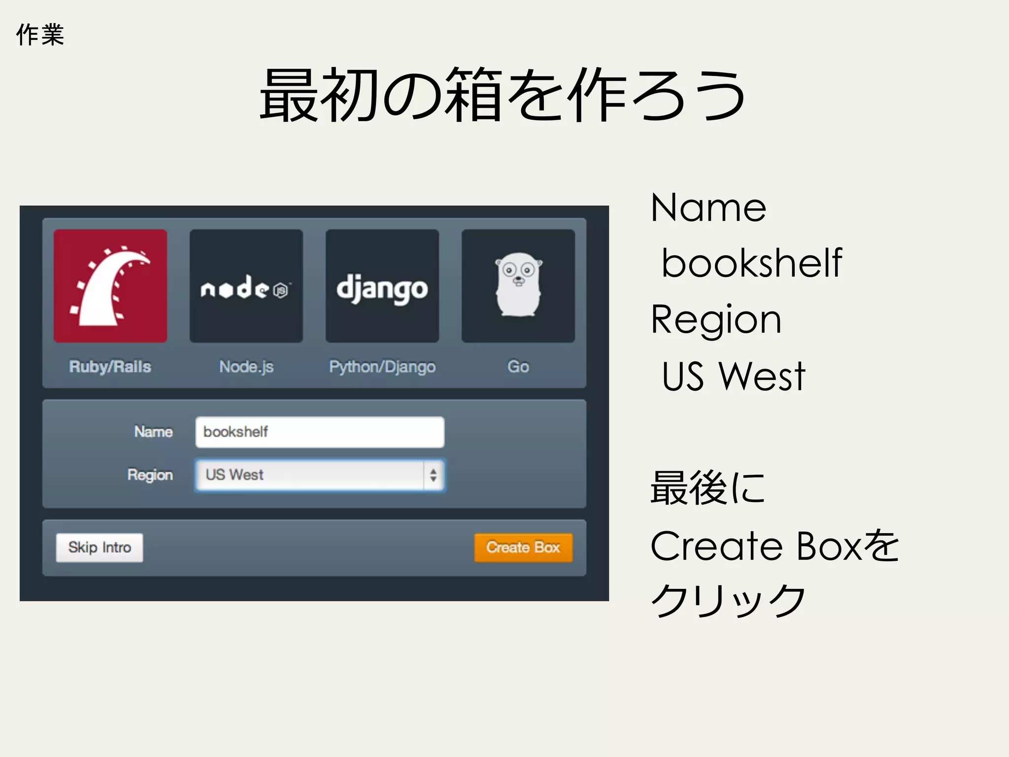 作業

最初の箱を作ろう
Name
bookshelf
Region
US West
最後に
Create Boxを
クリック

 