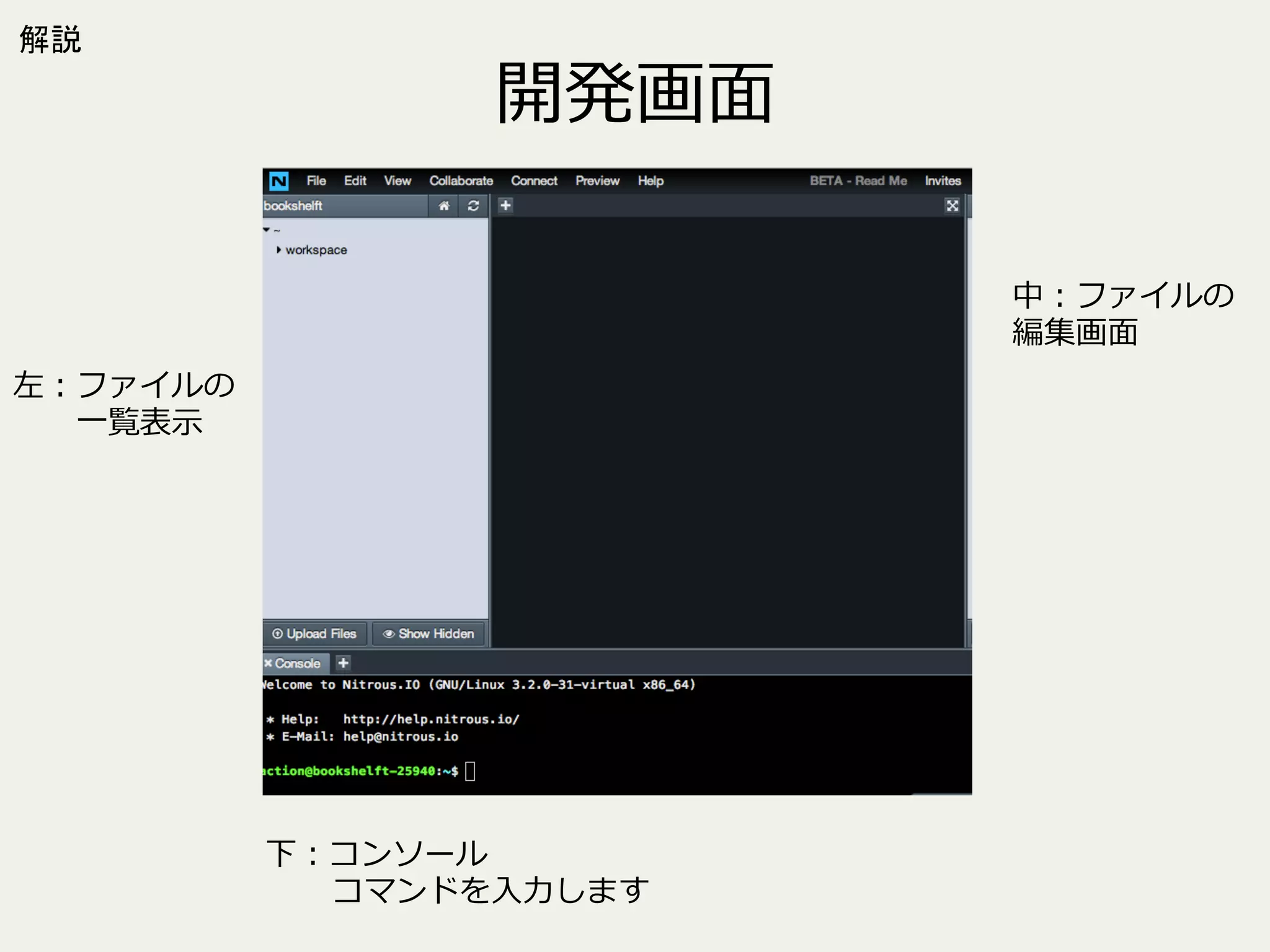 解説

開発画⾯面
中：ファイルの
編集画⾯面

左：ファイルの
 　 　⼀一覧表⽰示

下：コンソール
 　コマンドを⼊入⼒力力します

 