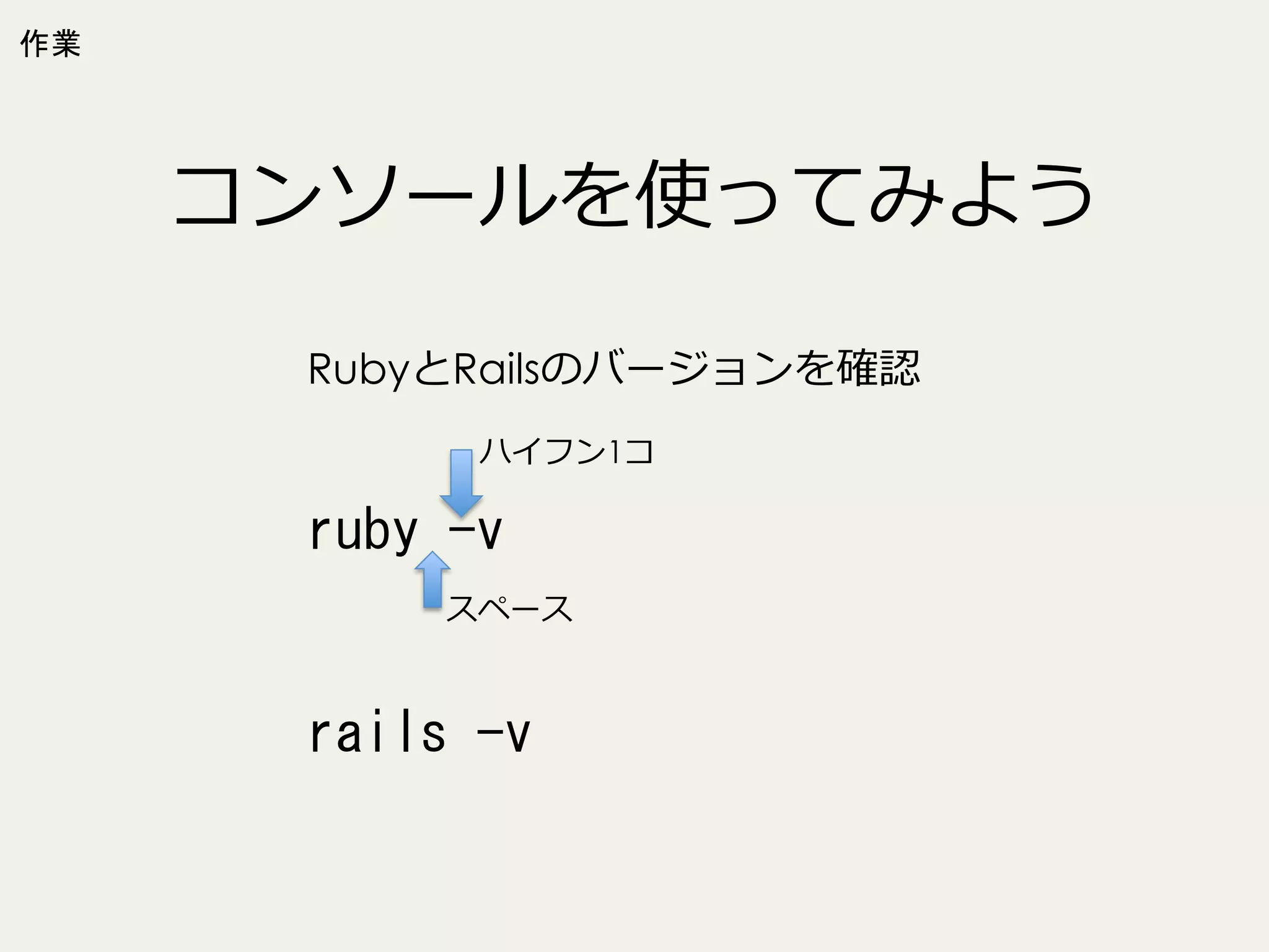 作業

コンソールを使ってみよう
RubyとRailsのバージョンを確認
ハイフン1コ

ruby	
 -v	
 
	
 
スペース
	
 
rails	
 -v	
 

 