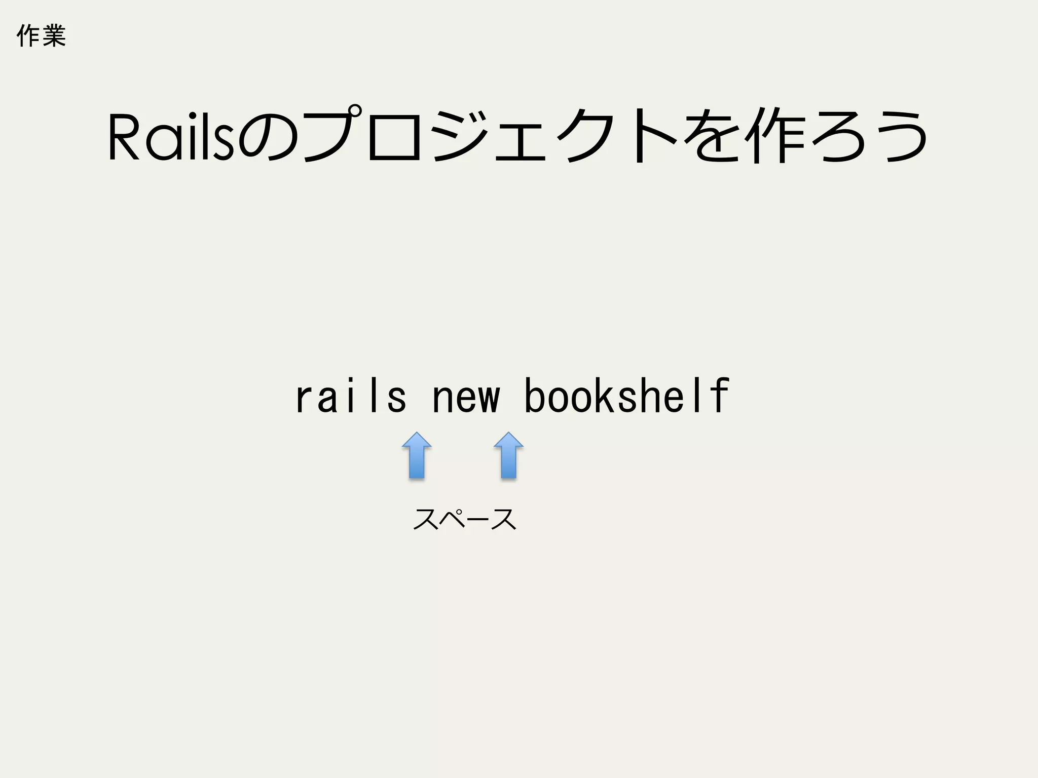 作業

Railsのプロジェクトを作ろう

rails	
 new	
 bookshelf
スペース

 