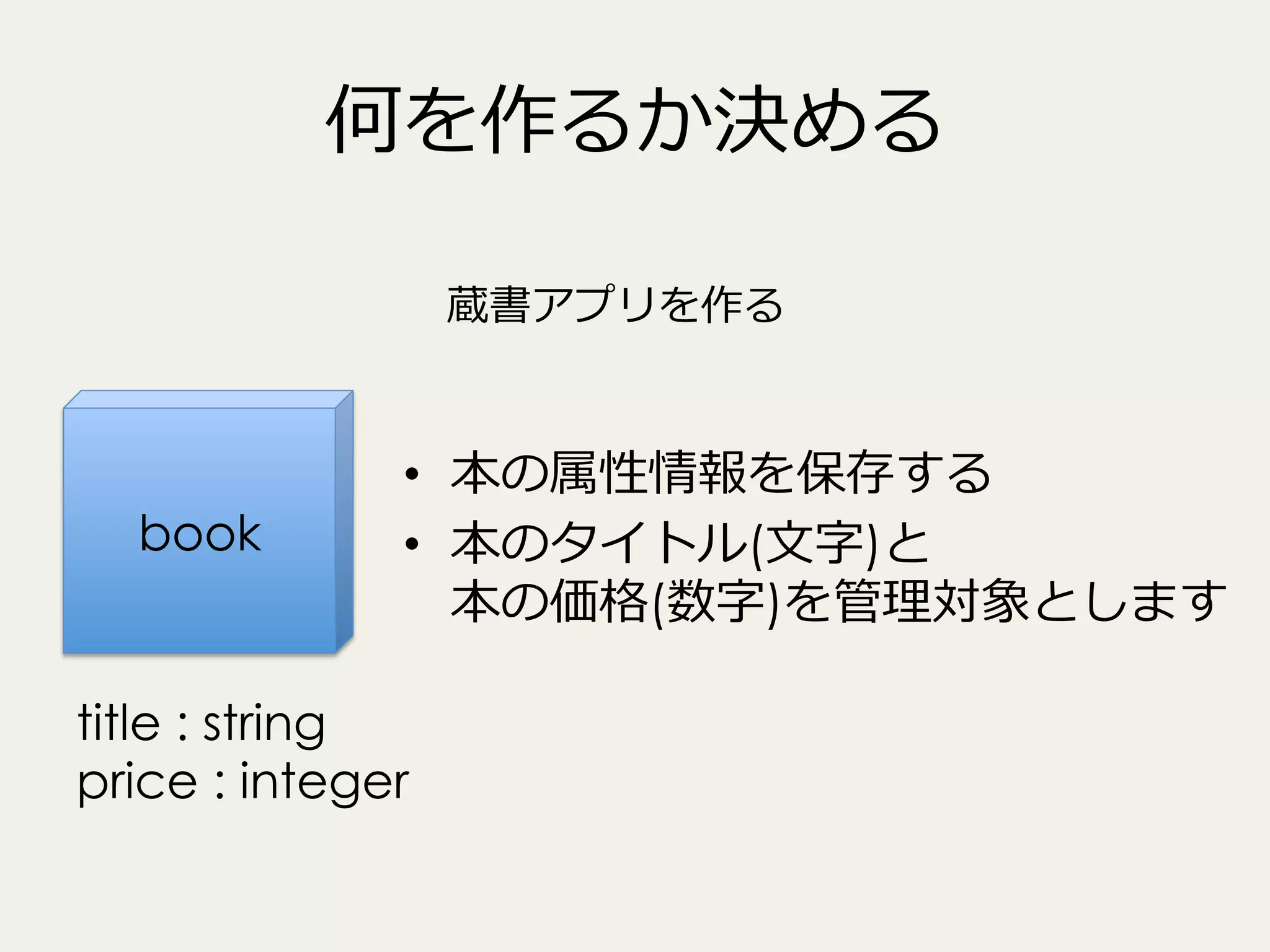 何を作るか決める
蔵書アプリを作る

book

•  本の属性情報を保存する
•  本のタイトル(⽂文字)と
本の価格(数字)を管理理対象とします

title : string
price : integer

 