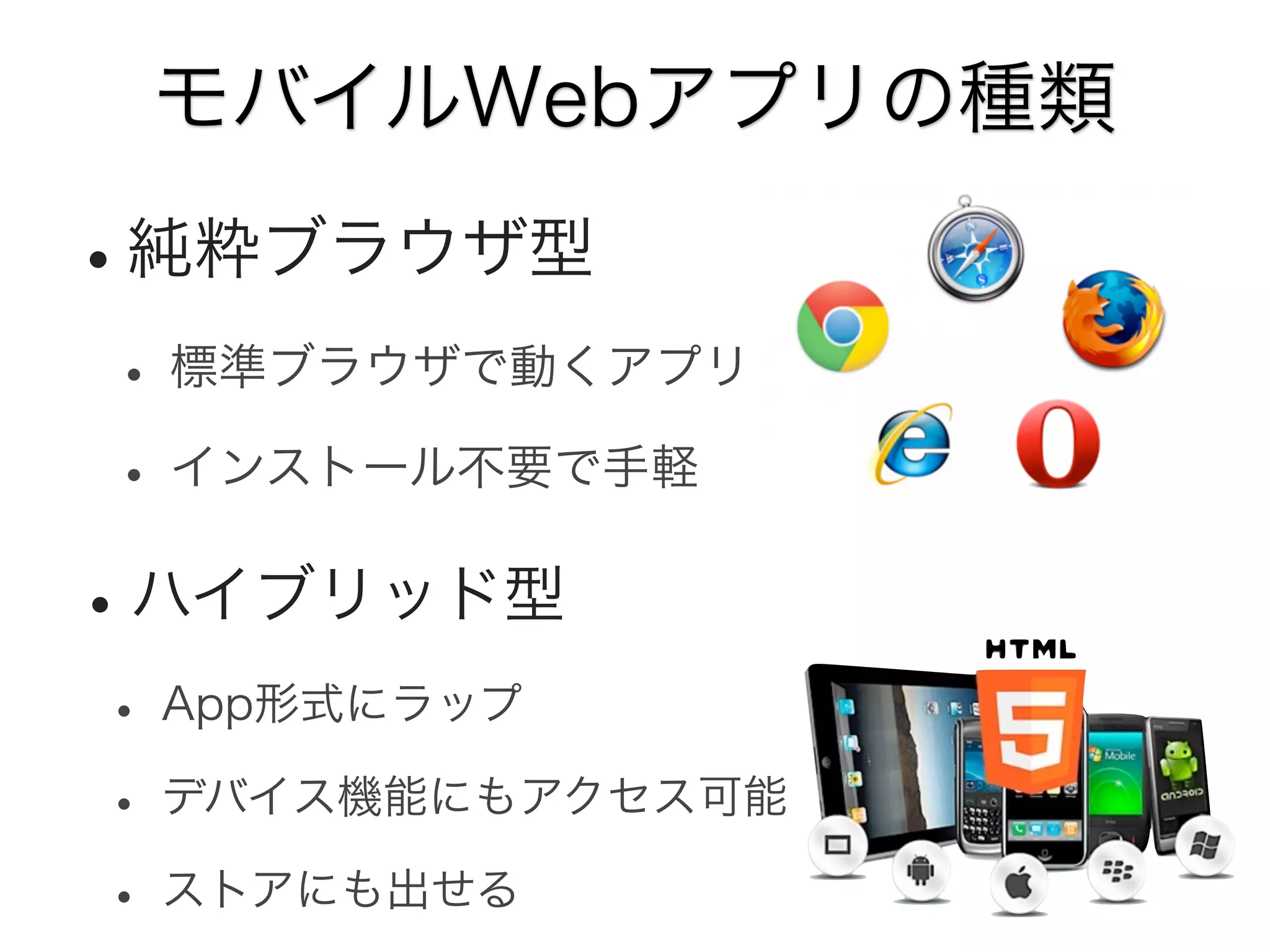 モバイルWebアプリの種類

•純粋ブラウザ型
• 標準ブラウザで動くアプリ
• インストール不要で手軽

• ハイブリッド型
• App形式にラップ
• デバイス機能にもアクセス可能
• ストアにも出せる

 