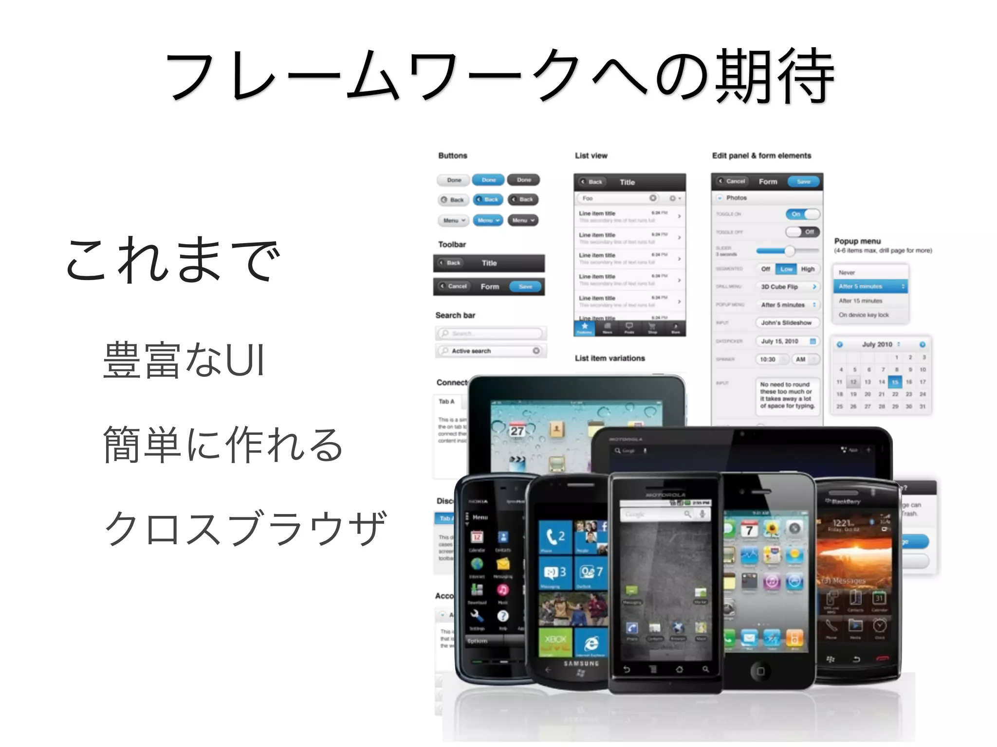 フレームワークへの期待
これまで
豊富なUI
簡単に作れる
クロスブラウザ

 