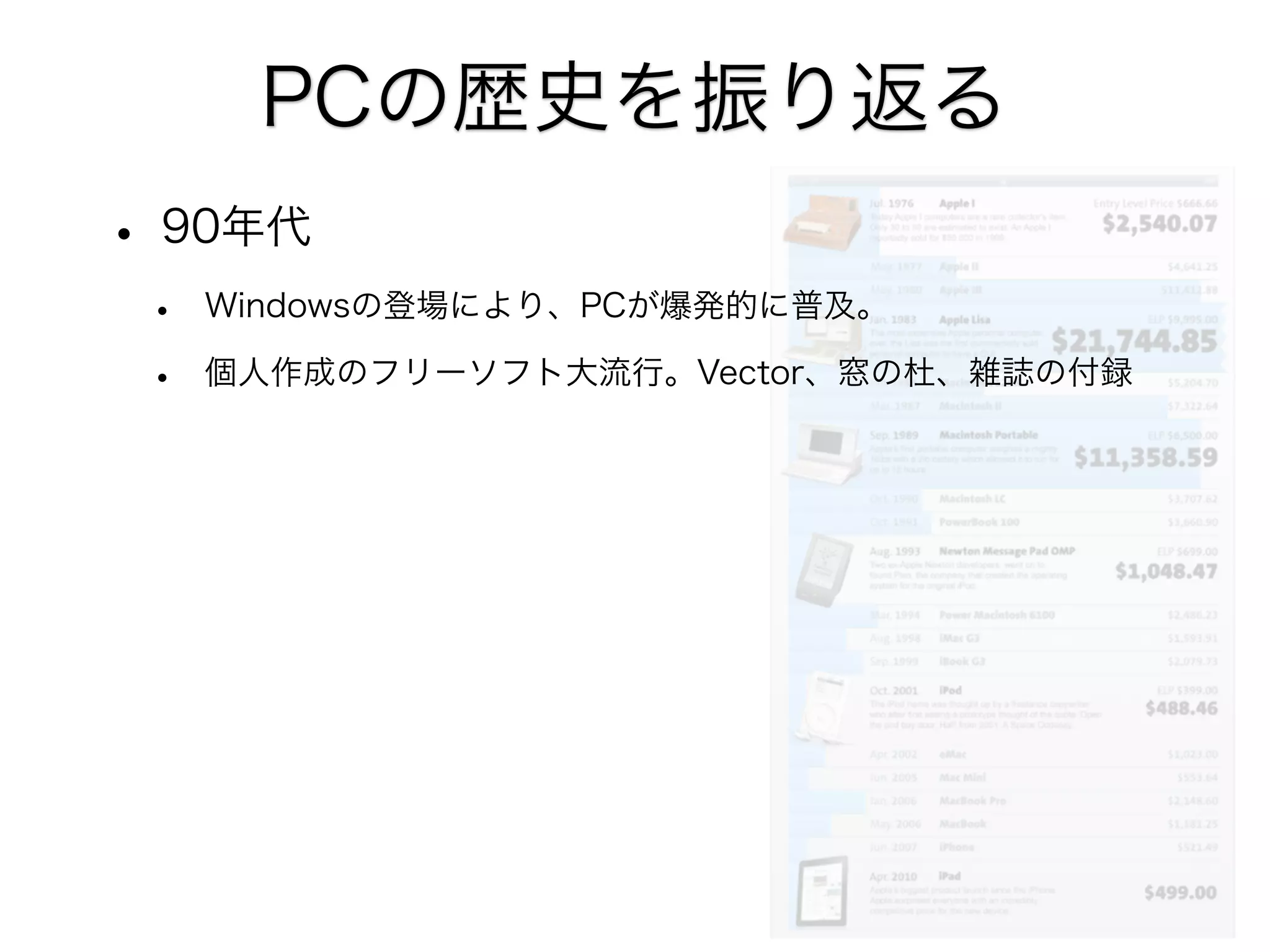 PCの歴史を振り返る
• 90年代
•
•

Windowsの登場により、PCが爆発的に普及。
個人作成のフリーソフト大流行。Vector、窓の杜、雑誌の付録

 