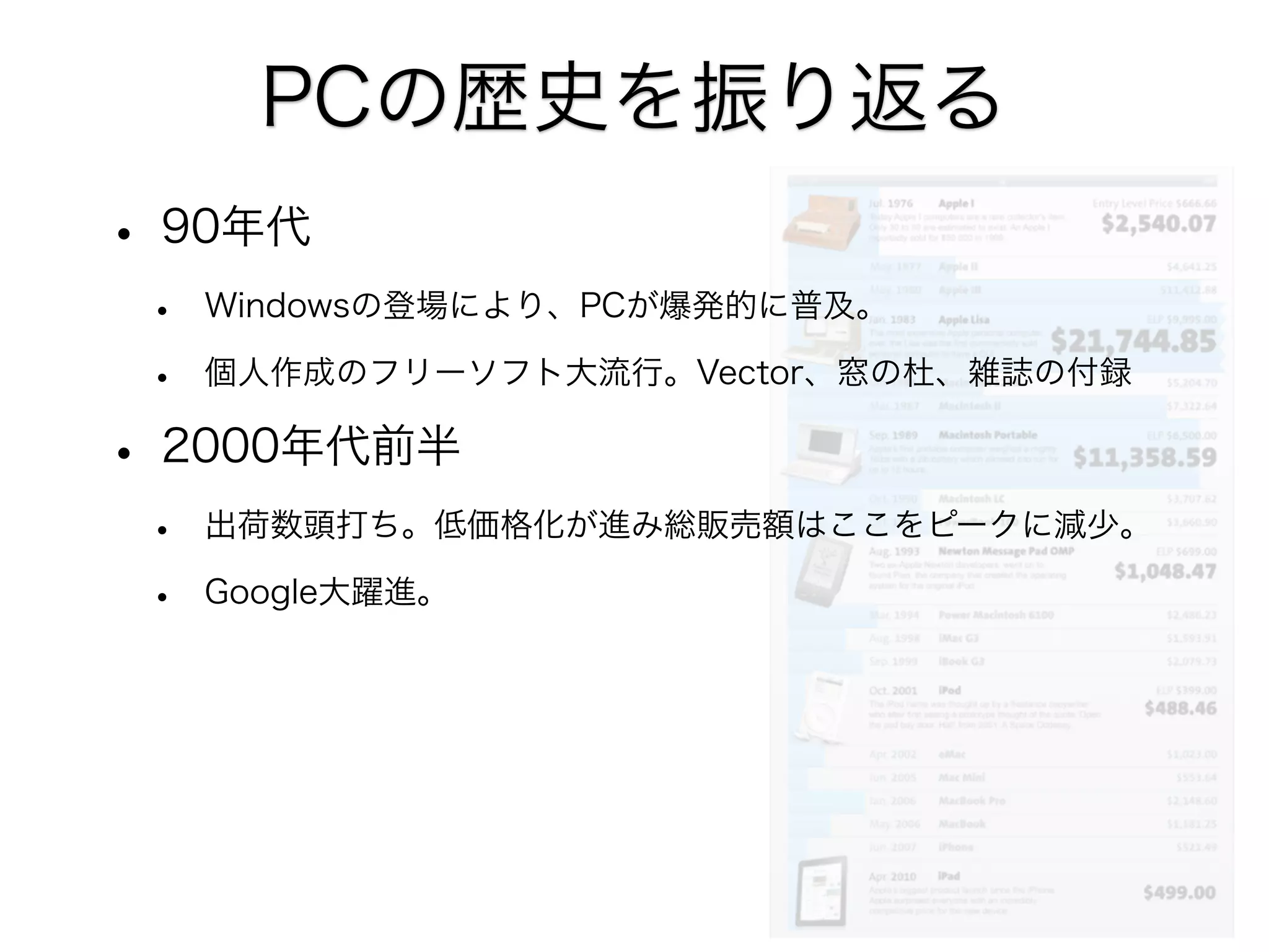 PCの歴史を振り返る
• 90年代
•
•

Windowsの登場により、PCが爆発的に普及。
個人作成のフリーソフト大流行。Vector、窓の杜、雑誌の付録

• 2000年代前半
•
•

出荷数頭打ち。低価格化が進み総販売額はここをピークに減少。
Google大躍進。

 