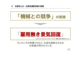 ４ 生産性とは：生産性運動存続の危機

「機械との競争」の到来
「雇用無き景気回復」
※エリク・ブリニョルフソン, アンドリュー・マカフィー「機械との競争」日経BP社(2013)

ランキングの問題ではなく、生産性運動そのもの
の意義が問われている

32

 