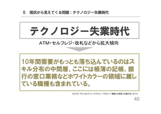 ５ 現状から見えてくる問題：テクノロジー失業時代

テクノロジー失業時代
ＡＴＭ・セルフレジ・改札などから拡大傾向

10年間需要がもっとも落ち込んでいるのはス
キル分布の中間層、ここには帳簿の記帳、銀
行の窓口業務などホワイトカラーの領域に属し
ている職種も含まれている。
※エリク・ブリニョルフソン, アンドリュー・マカフィー「機械との競争」日経BP社(2013)

40

 