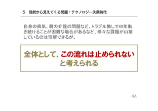 ５ 現状から見えてくる問題：テクノロジー失業時代

自身の病気、親の介護の問題など、トラブル無しで40年働
き続けることが困難な場合があるなど、様々な課題が山積
しているのは理解できるが、

全体として、この流れは止められない
と考えられる

44

 
