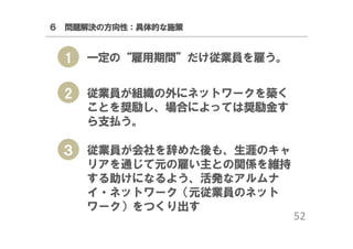 ６ 問題解決の方向性：具体的な施策

1

一定の“雇用期間”だけ従業員を雇う。

2

従業員が組織の外にネットワークを築く
ことを奨励し、場合によっては奨励金す
ら支払う。

３ 従業員が会社を辞めた後も、生涯のキャ
リアを通じて元の雇い主との関係を維持
する助けになるよう、活発なアルムナ
イ・ネットワーク（元従業員のネット
ワーク）をつくり出す

52

 