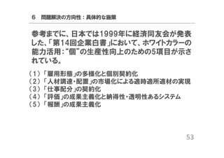 ６ 問題解決の方向性：具体的な施策

参考までに、日本では1999年に経済同友会が発表
した、「第14回企業白書」において、ホワイトカラーの
能力活用：“個”の生産性向上のための5項目が示さ
れている。
（1）
（2）
（3）
（4）
（5）

「雇用形態」の多様化と個別契約化
「人材調達・配置」の市場化による適時適所適材の実現
「仕事配分」の契約化
「評価」の成果主義化と納得性・透明性あるシステム
「報酬」の成果主義化

53

 