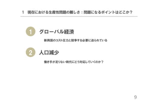 1 現在における生産性問題の難しさ：問題になるポイントはどこか？

1

グローバル経済
新興国のコスト圧力と競争する必要に迫られている

2

人口減少
働き手が足りない時代にどう対応していくのか？

9

 