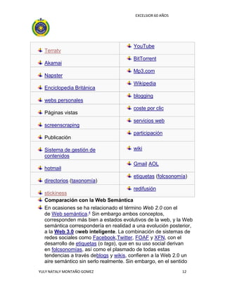 EXCELSIOR 60 AÑOS
YULY NATALY MONTAÑO GOMEZ 12
Terratv
YouTube
Akamai
BitTorrent
Napster
Mp3.com
Enciclopedia Británica
Wikipedia
webs personales
blogging
Páginas vistas
coste por clic
screenscraping
servicios web
Publicación
participación
Sistema de gestión de
contenidos
wiki
hotmail
Gmail AOL
directorios (taxonomía)
etiquetas (folcsonomía)
stickiness
redifusión
Comparación con la Web Semántica
En ocasiones se ha relacionado el término Web 2.0 con el
de Web semántica.4
Sin embargo ambos conceptos,
corresponden más bien a estados evolutivos de la web, y la Web
semántica correspondería en realidad a una evolución posterior,
a la Web 3.0 oweb inteligente. La combinación de sistemas de
redes sociales como Facebook,Twitter, FOAF y XFN, con el
desarrollo de etiquetas (o tags), que en su uso social derivan
en folcsonomías, así como el plasmado de todas estas
tendencias a través deblogs y wikis, confieren a la Web 2.0 un
aire semántico sin serlo realmente. Sin embargo, en el sentido
 
