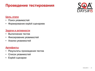 Проведение тестирования
Цель этапа
• Поиск уязвимостей
• Формирование exploit сценариев
Задачи и активности
• Выполнение тестов
• Фиксирование уязвимостей
• Анализ уязвимостей
Артефакты
• Результаты прохождения тестов
• Список уязвимостей
• Exploit сценарии
19.04.2014 / 21
 