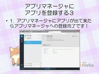 アプリマネージャに
アプリを登録する３
• 1. アプリマネージャにアプリが出て来た
らアプリマネージャへの登録完了です！
 