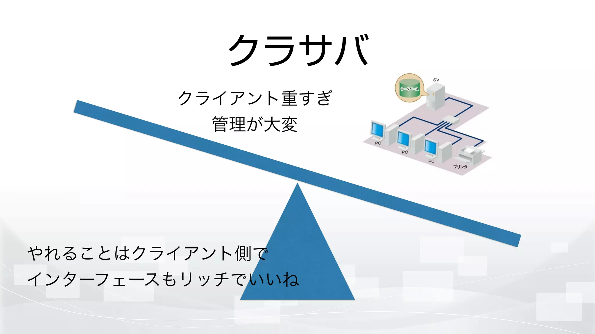 クラサバ
やれることはクライアント側で	

インターフェースもリッチでいいね
クライアント重すぎ	

管理が大変
 