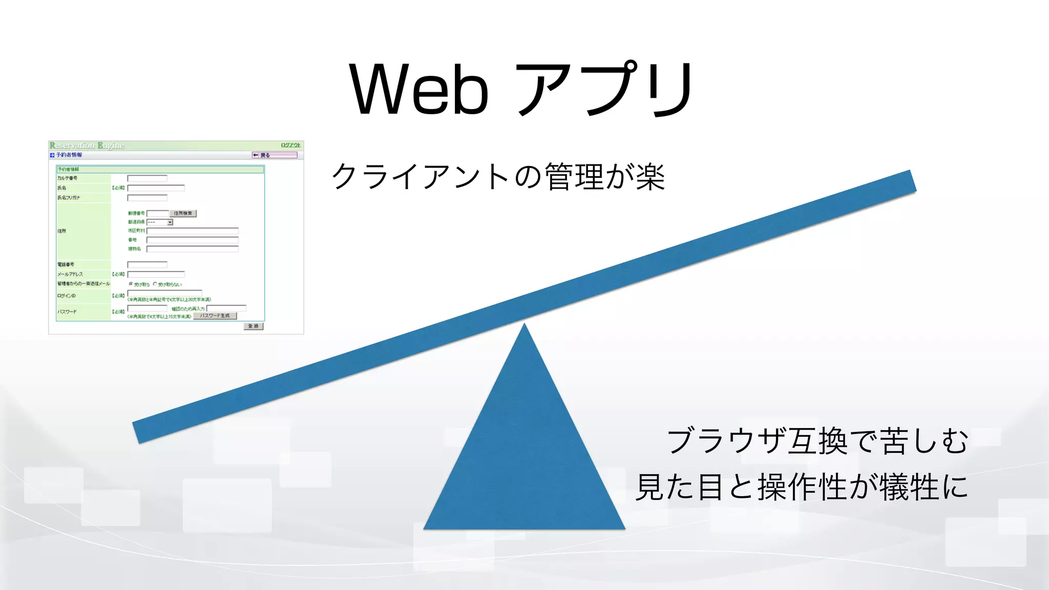 Web アプリ
クライアントの管理が楽
ブラウザ互換で苦しむ	

見た目と操作性が犠牲に
 