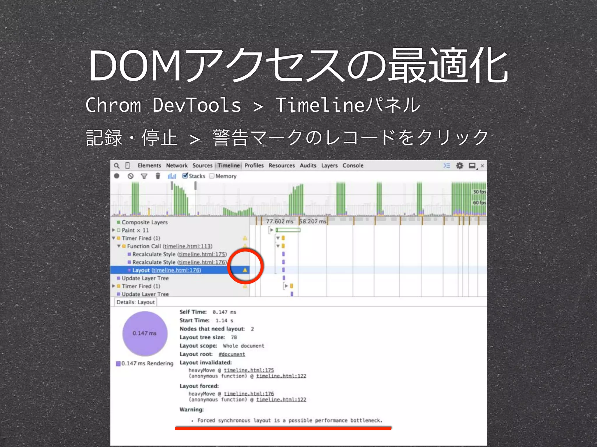 DOMアクセスの最適化 
Chrom DevTools > Timelineパネル 
記録・停止 > 警告マークのレコードをクリック 
 