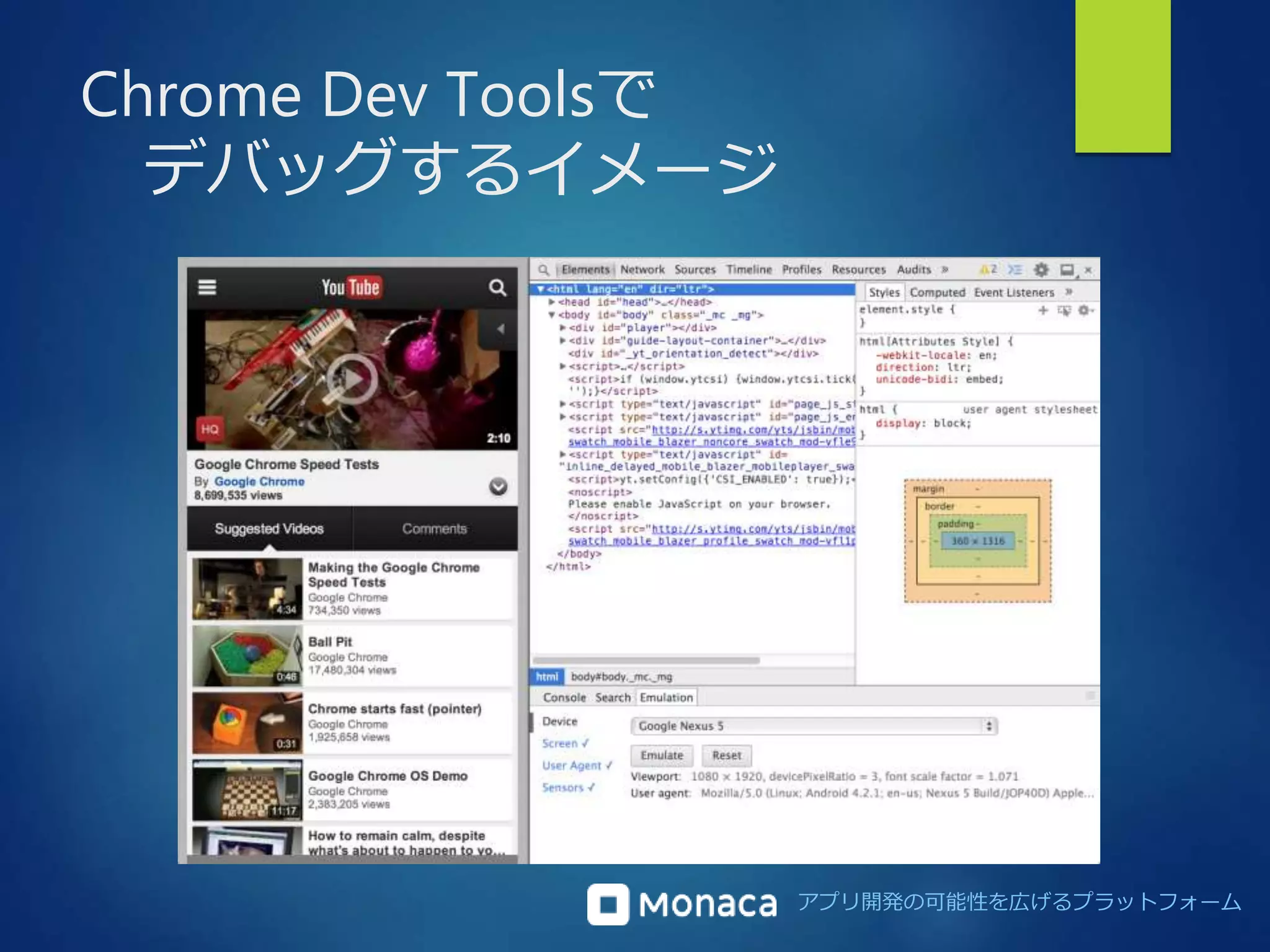 アプリ開発の可能性を広げるプラットフォーム 
Chrome Dev Toolsで 
デバッグするイメージ 
 