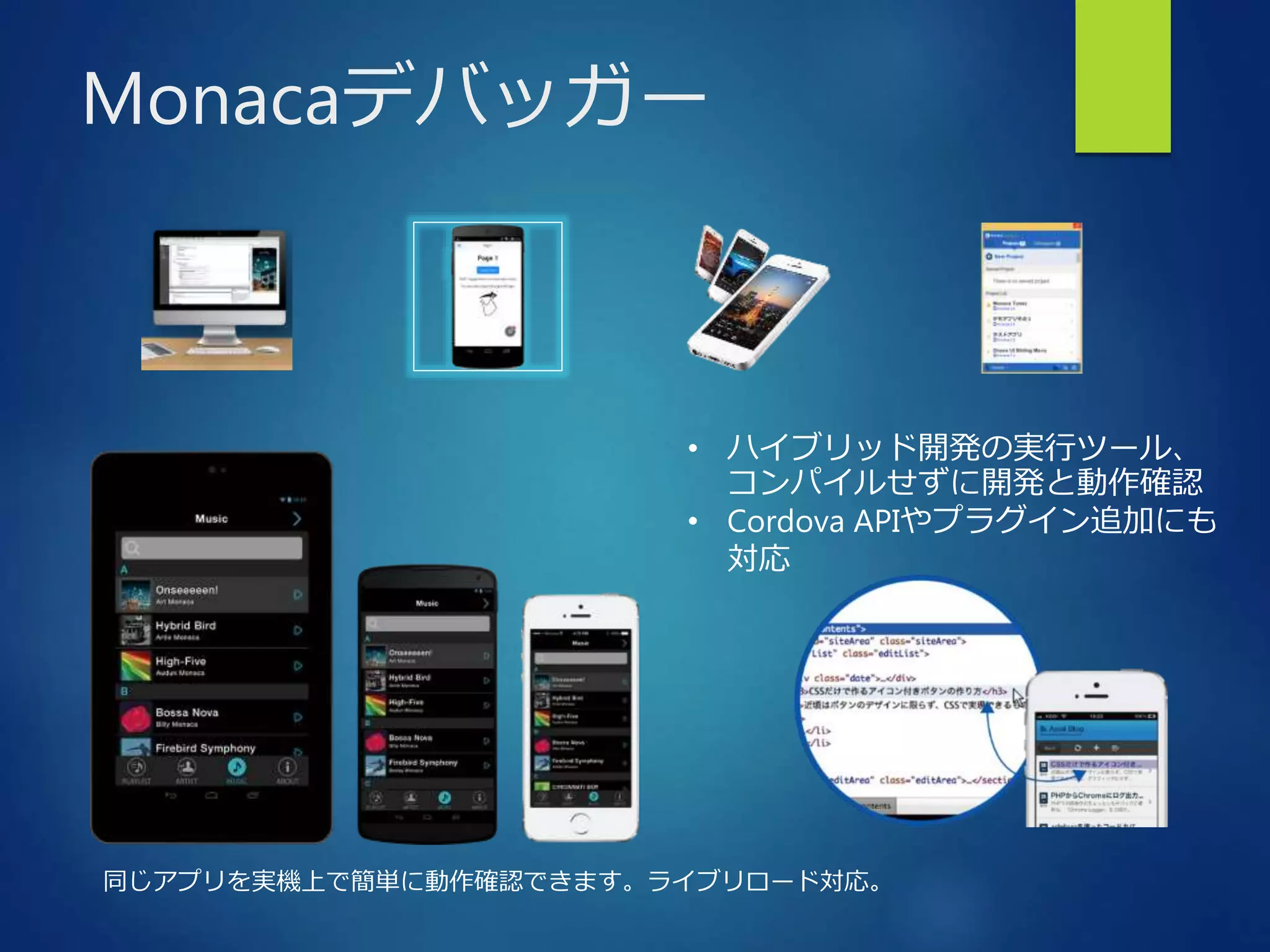 Monacaデバッガー 
• ハイブリッド開発の実行ツール、 
コンパイルせずに開発と動作確認 
• Cordova APIやプラグイン追加にも 
対応 
同じアプリを実機上で簡単に動作確認できます。ライブリロード対応。 
 